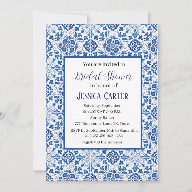 Portuguese tiles Floral Watercolor Bridal Shower  Invitation (Front)