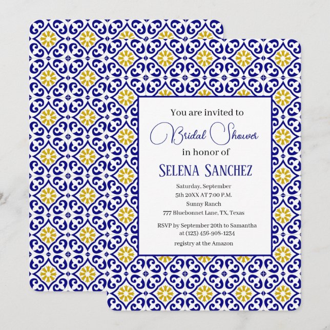 Portuguese tiles Floral Watercolor Bridal Shower  Invitation (Front/Back)