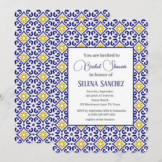 Portuguese tiles Floral Watercolor Bridal Shower  Invitation (Front/Back)