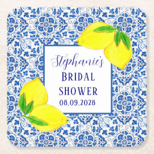 Portuguese Tiles Lemon Mediterranean Bridal shower Square Paper Coaster