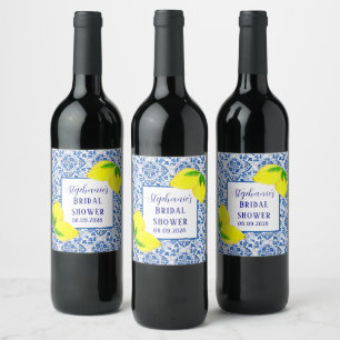 Portuguese Tiles Lemon Mediterranean Bridal shower Wine Label