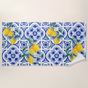 Portuguese tiles,lemons,fruits,summer art beach towel