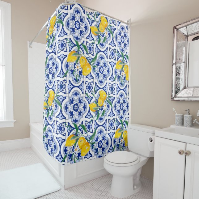 Portuguese tiles,lemons,fruits,summer art      shower curtain (In Situ)