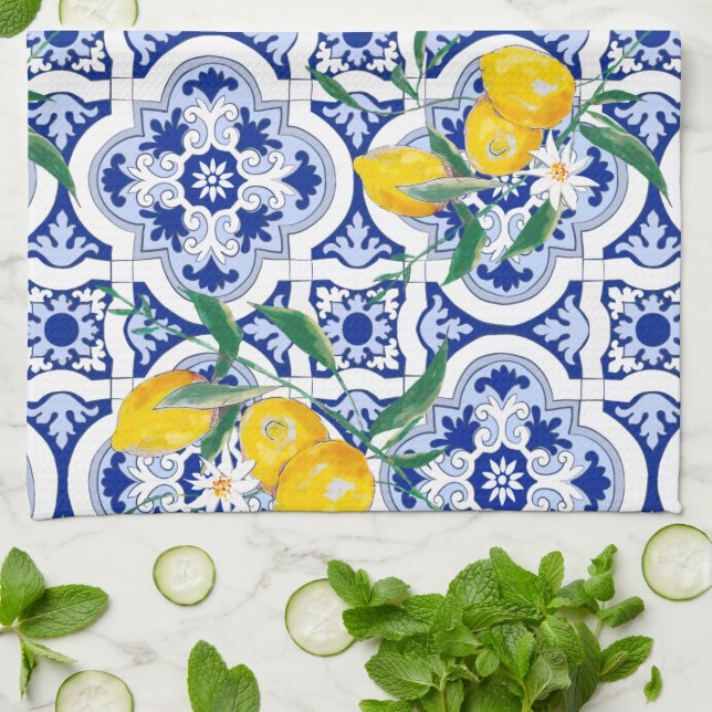 Portuguese tiles,lemons,fruits,summer art  tea towel (Folded)