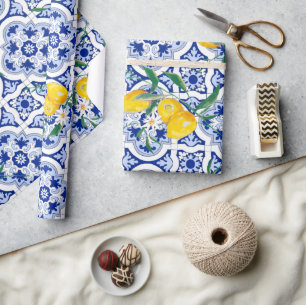Portuguese tiles,lemons,fruits,summer art        wrapping paper