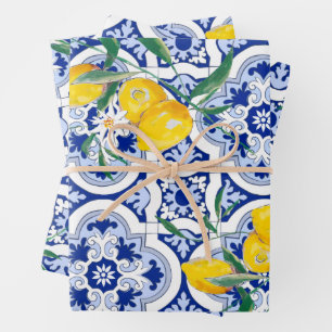 Portuguese tiles,lemons,fruits,summer art         wrapping paper sheet