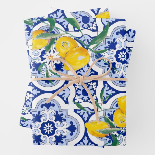 Portuguese tiles,lemons,fruits,summer art         wrapping paper sheet (In situ)