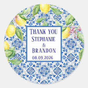 Portuguese Tiles Lemons Mediterranean Wedding Classic Round Sticker