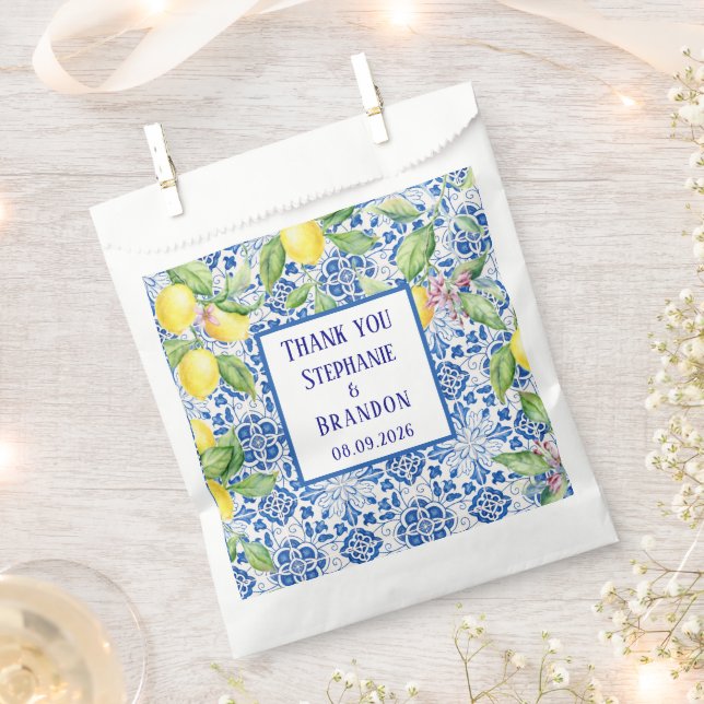 Portuguese Tiles Lemons Mediterranean Wedding Favour Bags (Clipped)