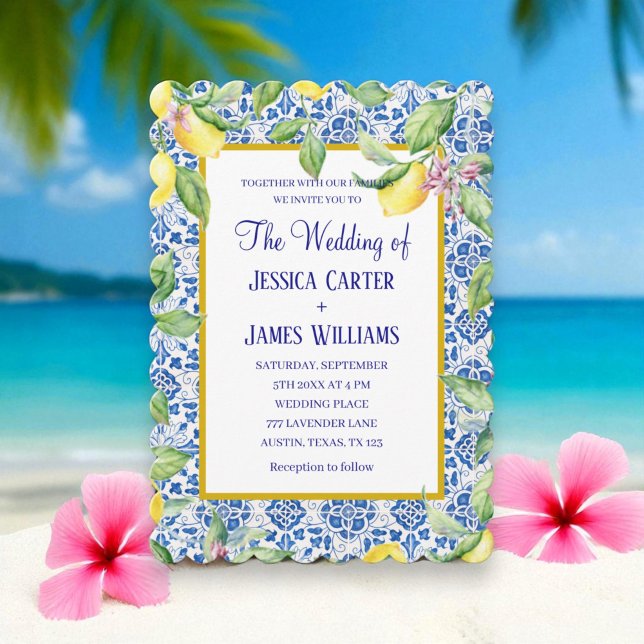 Portuguese Tiles Lemons Mediterranean Wedding Invitation (Creator Uploaded)