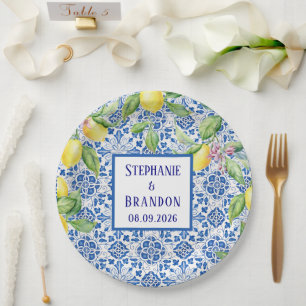Portuguese Tiles Lemons Mediterranean Wedding Paper Plate