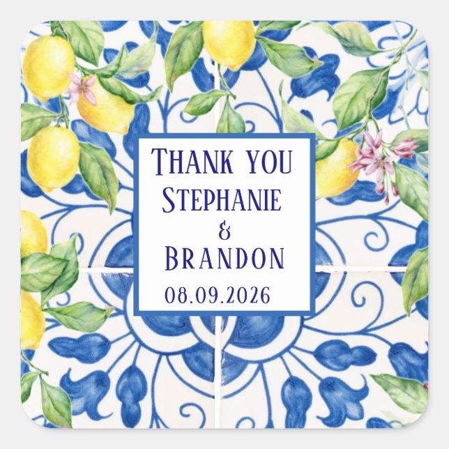 Portuguese Tiles Lemons Mediterranean Wedding Square Sticker (Front)