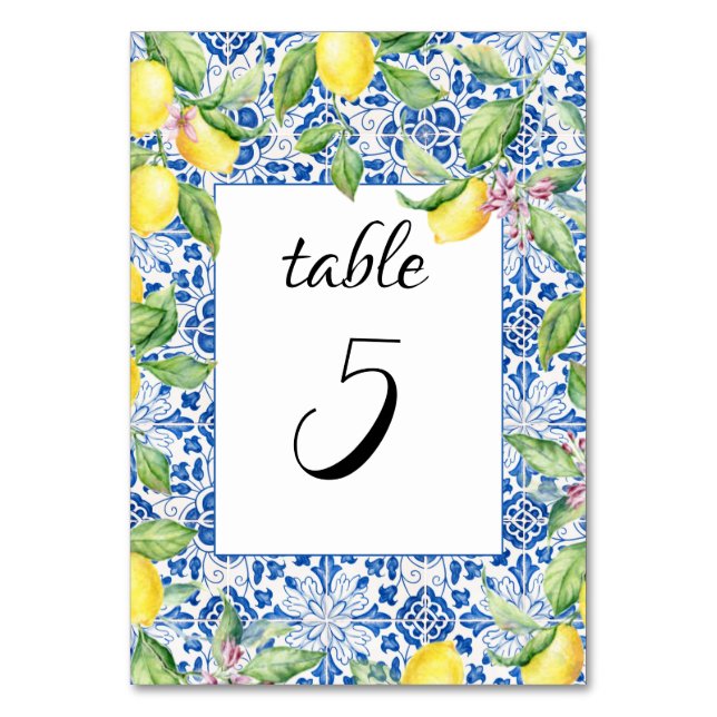 Portuguese Tiles Lemons Mediterranean Wedding Table Number (Front)