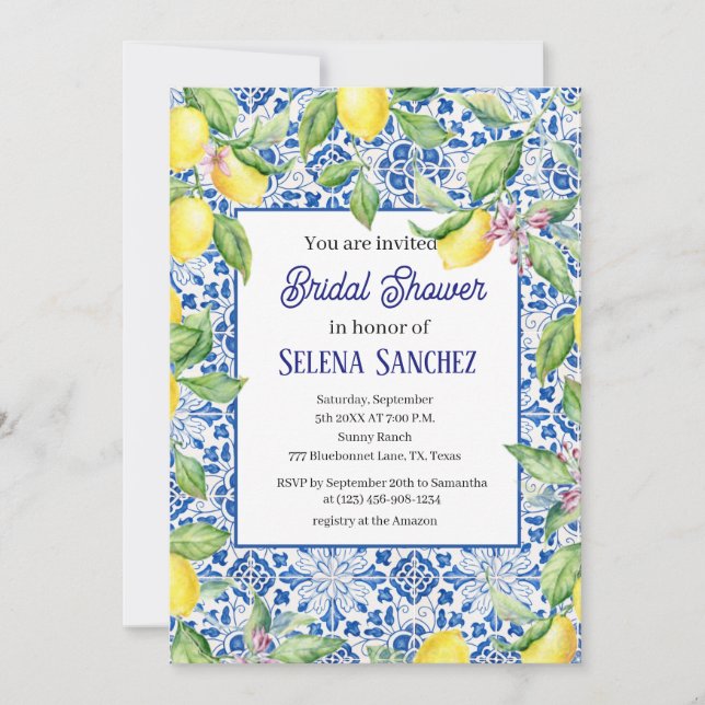 Portuguese tiles Lemons Watercolor Bridal Shower  Invitation (Front)