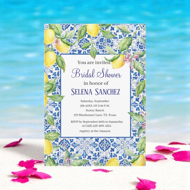 Portuguese tiles Lemons Watercolor Bridal Shower  Invitation (Creator Uploaded)