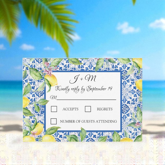 Portuguese Tiles Lemons White Mediterranean RSVP Card (Creator Uploaded)