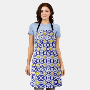 Portuguese Tiles Mediterranean Blue Floral Apron