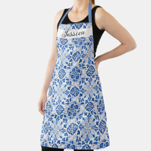 Portuguese Tiles Mediterranean Blue Floral Apron