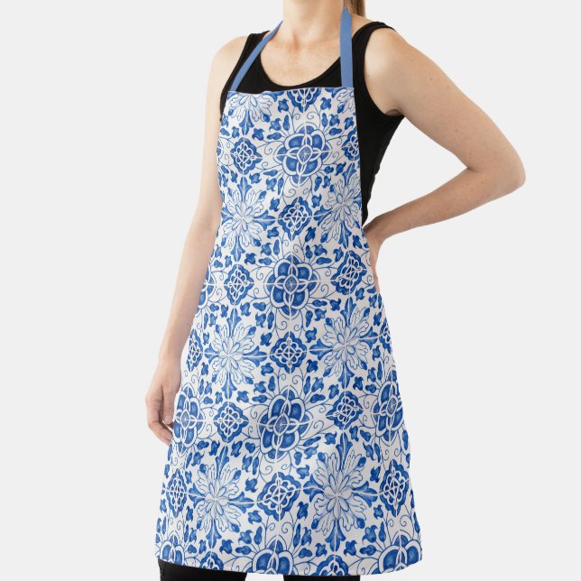 Portuguese Tiles Mediterranean Blue Floral Apron (Insitu)