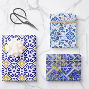 Portuguese Tiles Mediterranean Blue Floral Wrapping Paper Sheet