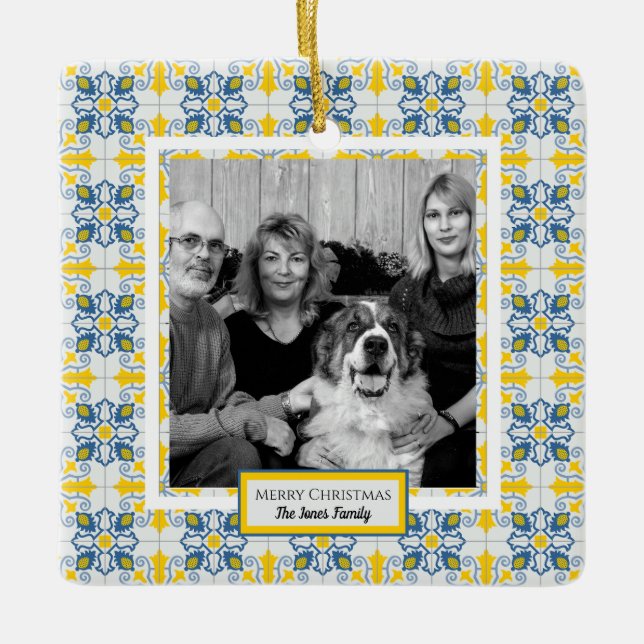 Portuguese Tiles Photo frame for family Christmas Ceramic Ornament (Front)
