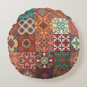 Portuguese Tiles: Talavera Style Azulejo. Round Cushion