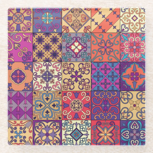 Portuguese Tiles Talavera Style Pattern Glass Coaster (Front)