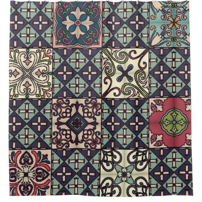 Portuguese Tiles: Talavera Style Seamless Shower Curtain (Front)