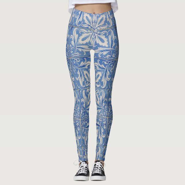 Portuguese Tiles Vintage Azulejos Blue White Leggings (Front)