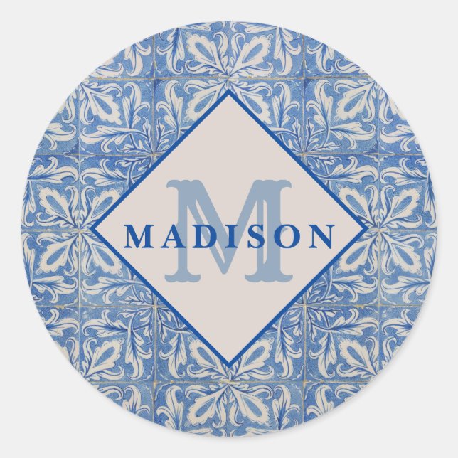 Portuguese Tiles Vintage Blue White Monogram Classic Round Sticker (Front)