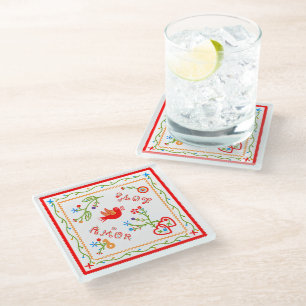 Portuguese valentine's love handkerchiefs glass coaster