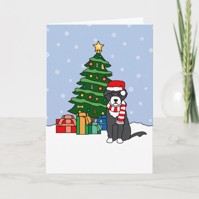 Portuguese Water Dog and Christmas Tree Holiday Card (Front)