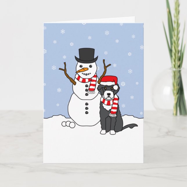 Portuguese Water Dog and Snowman Holiday Card (Front)