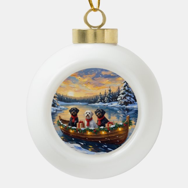 Portuguese Water Dog Christmas Boat Holiday Ceramic Ball Christmas Ornament (Front)