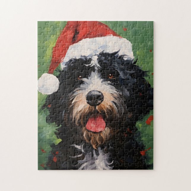Portuguese water dog Christmas brush painting Jigsaw Puzzle (Vertical)