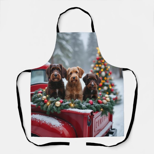 Portuguese Water Dog Christmas Red Truck Holiday Apron (Front)