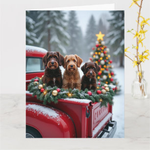 Portuguese Water Dog Christmas Red Truck Holiday Card