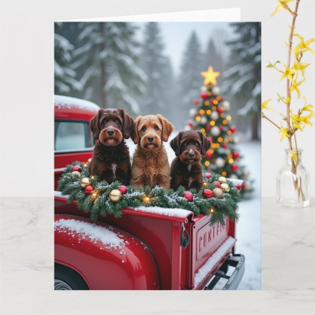 Portuguese Water Dog Christmas Red Truck Holiday Card (Yellow Flower)