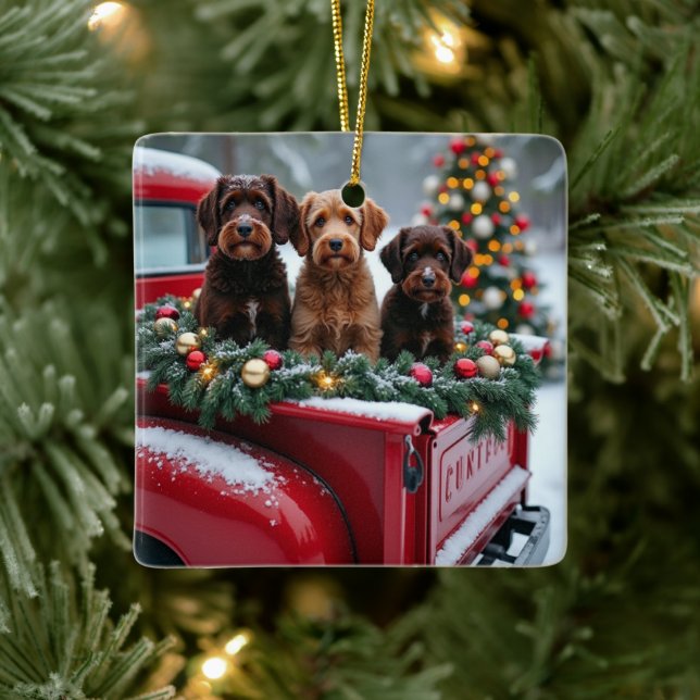 Portuguese Water Dog Christmas Red Truck Holiday Ceramic Ornament (Tree)