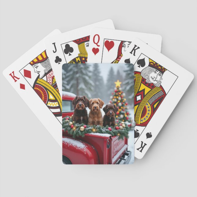 Portuguese Water Dog Christmas Red Truck Holiday Playing Cards (Back)