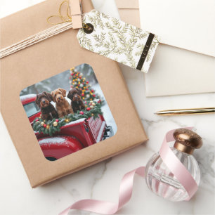 Portuguese Water Dog Christmas Red Truck Holiday Square Sticker