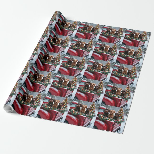 Portuguese Water Dog Christmas Red Truck Holiday Wrapping Paper (Unrolled)