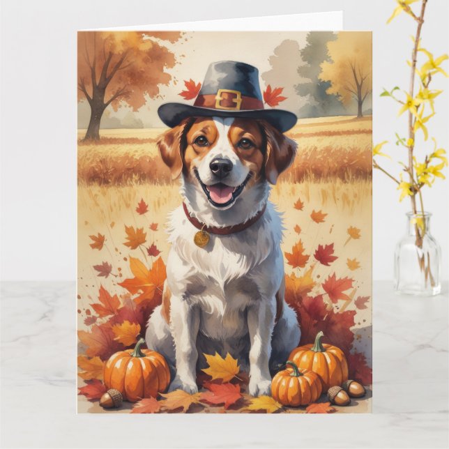 Portuguese Water Dog In Autumn Leaves Thanksgiving Card (Yellow Flower)