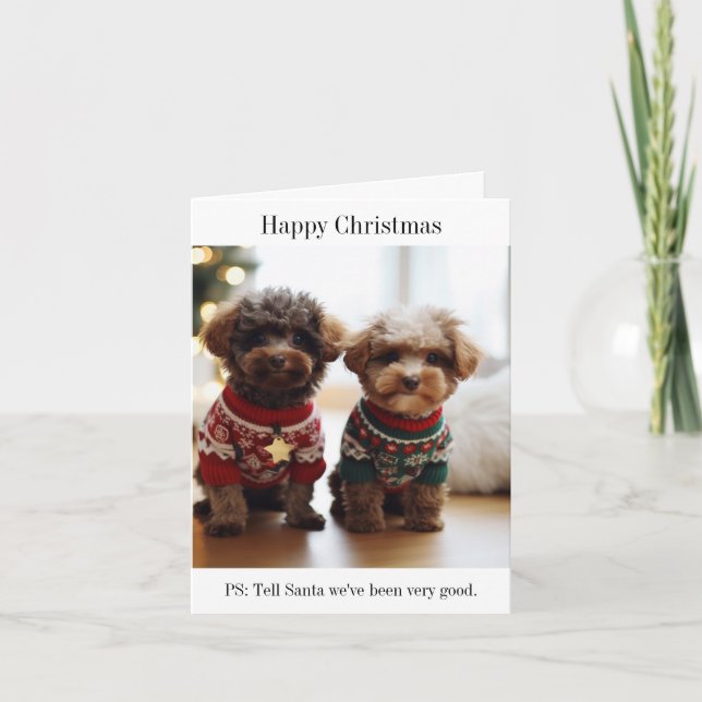 Portuguese Water Dog Puppies Happy Christmas Card (Front)