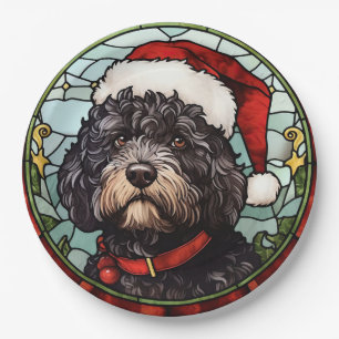 Portuguese Water Dog Stained Glass Christmas Paper Plate