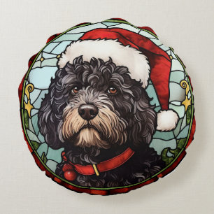 Portuguese Water Dog Stained Glass Christmas Round Cushion