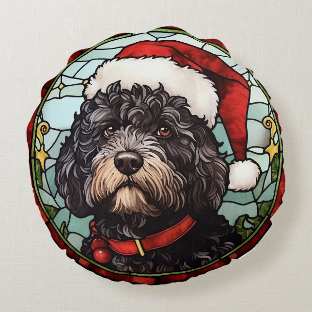 Portuguese Water Dog Stained Glass Christmas Round Cushion (Back)