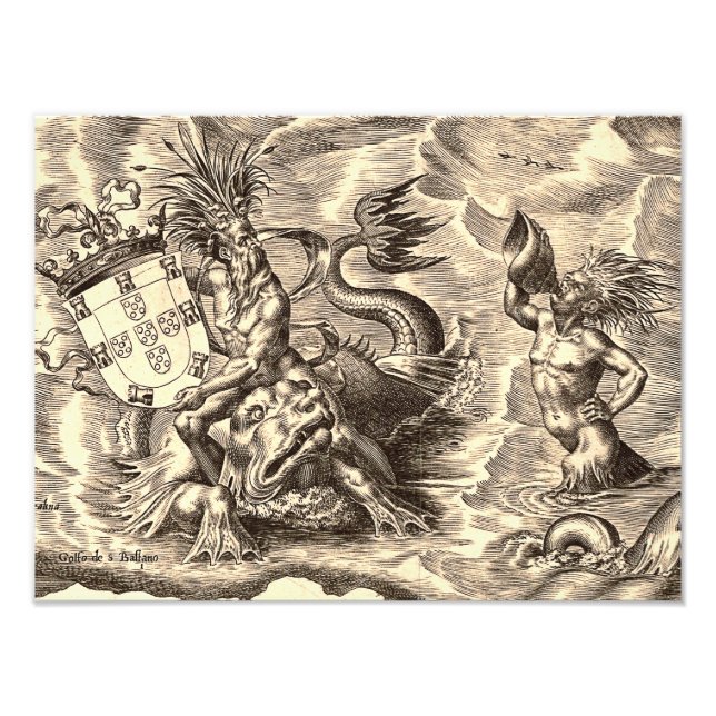 Poseidon and Dolphin World Map Photo Print (Front)