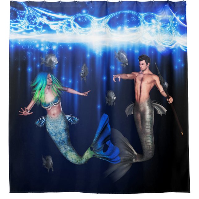 Poseidon And the Mermaid Shower Curtain (Front)