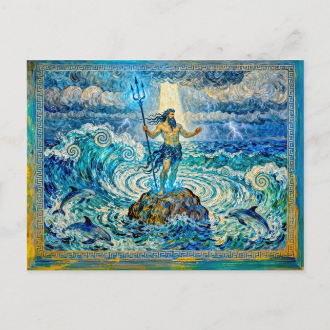 Poseidon on Sea Rocks with Trident and Dolphins Postcard (Front)